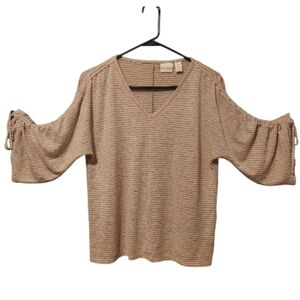 CHICOS Striped V-Neck Ruched 3/4 Length Sleeves Knit Pullover Top S